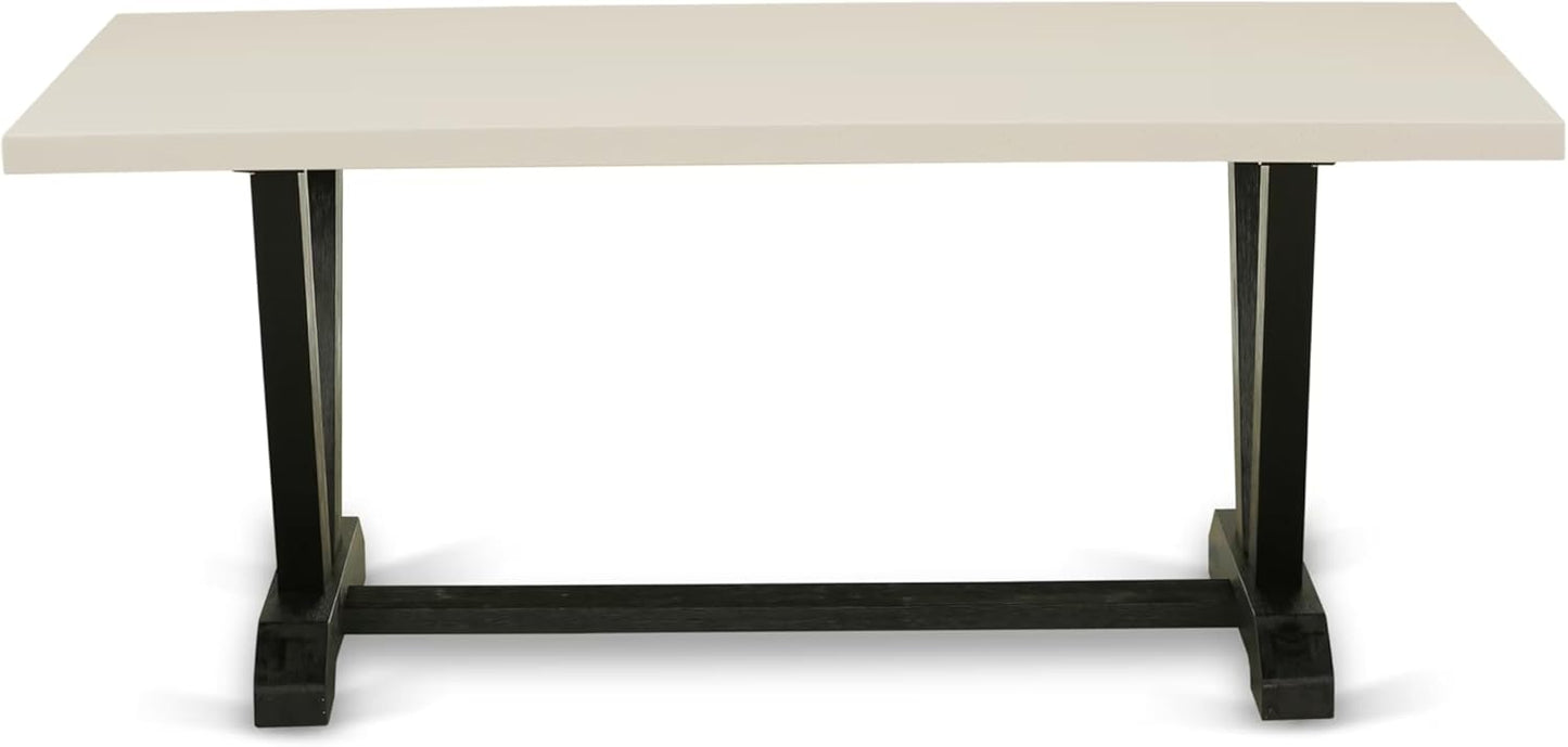 East West Furniture V627DR124-6 6 Piece Dinette Set Contains a Rectangle Dining Table with V-Legs and 4 Black Color Linen Fabric Parson Chairs with a Bench, 40x72 Inch, Multi-Color