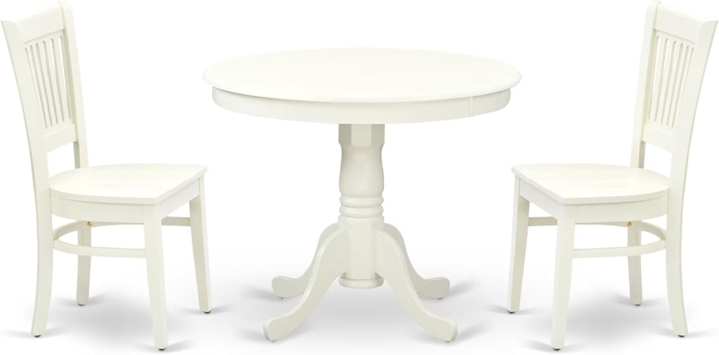 East West Furniture ANVA3-LWH-W 3 Piece Dining Room Furniture Set Contains a Round Dining Table with Pedestal and 2 Wood Seat Chairs, 36x36 Inch, Linen White
