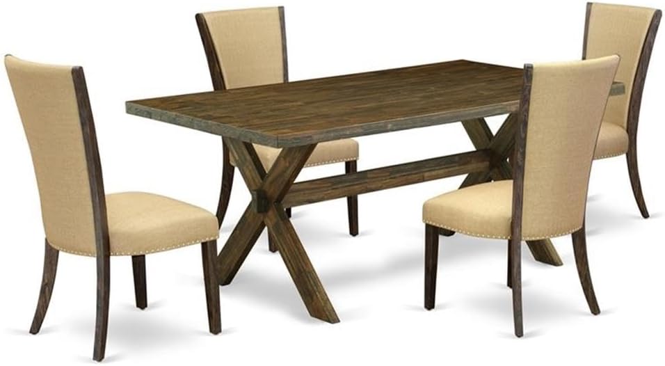 East West Furniture X777VE703-5 5 Piece Dining Set Includes a Rectangle Dining Room Table with X-Legs and 4 Brown Linen Fabric Upholstered Parson Chairs, 40x72 Inch, Multi-Color