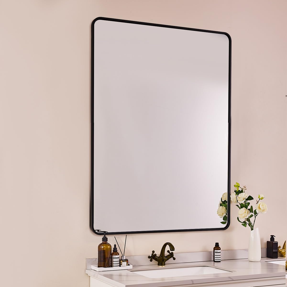 ANDY STAR 48X32 Inch Black Bathroom Mirror, Black Bathroom Vanity Mirrors for Wall, Rounded Rectangle Mirror for Bathroom, Seamless Tube Metal Frame, 1’’ Deep Wall Mounted Vertical/Horizontal