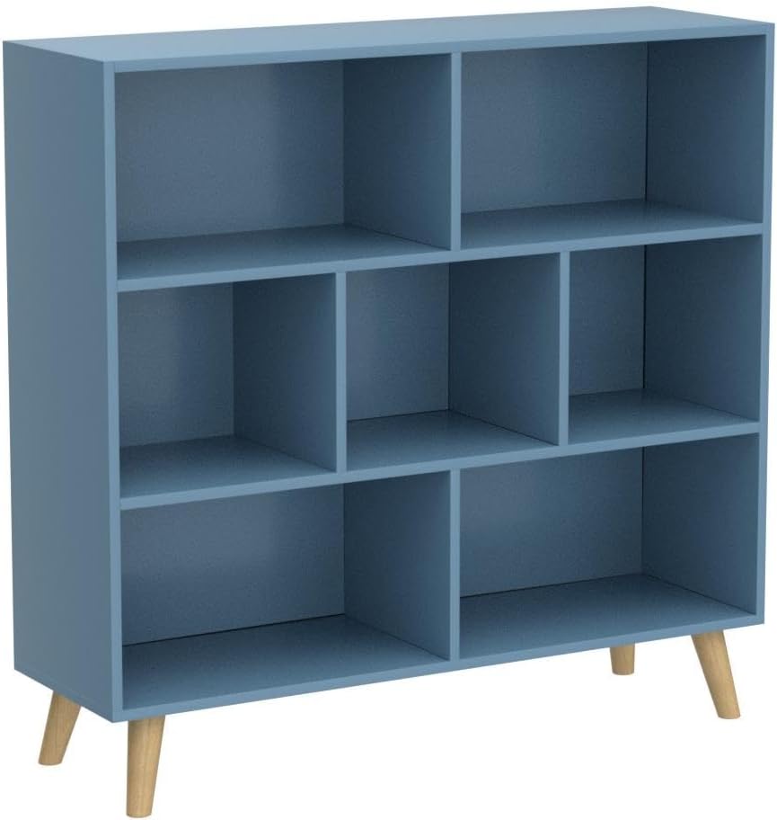 IOTXY Wooden Open Shelf Bookcase - 3-Tier Floor Standing Display Cabinet Rack with Legs, 7 Cubes Bookshelf, Bright Blue
