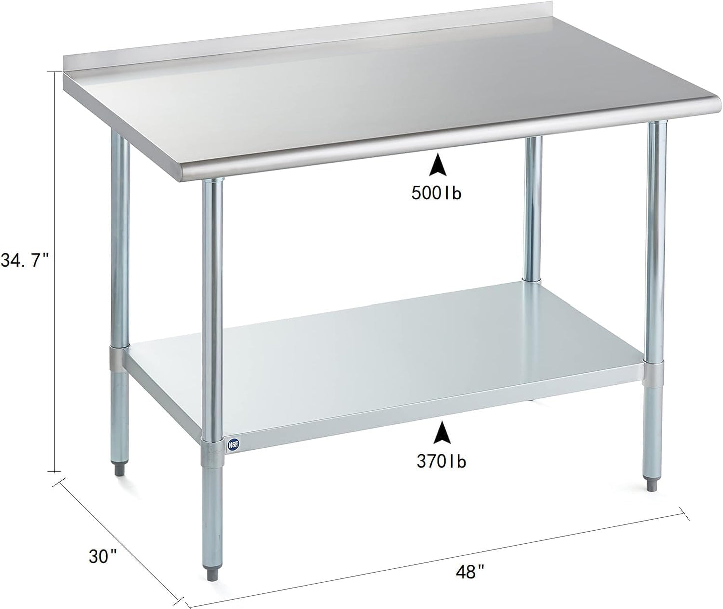 ROCKPOINT Stainless Steel Table for Prep & Work with Backsplash 30x48 Inches, NSF Metal Commercial Kitchen Heavy Duty Table with Adjustable Under Shelf and Table Foot for Restaurant, Home and Hotel