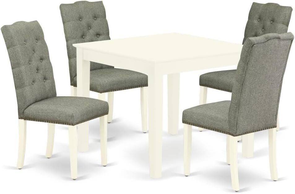 East West Furniture OXEL5-LWH-07 5 Piece Dining Room Table Set Includes a Square Kitchen Table and 4 Gray Linen Fabric Parsons Dining Chairs, 36x36 Inch, Linen White