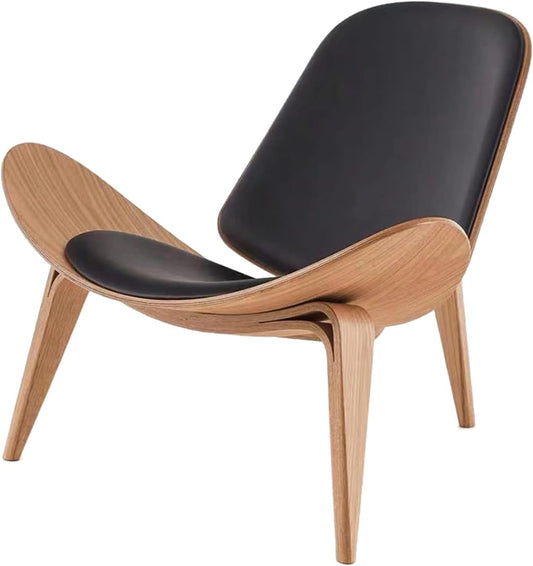 Hans Wegner Style Three- Legged Shell Chair Ash Plywood White Faux Leather Accent Chair Living Room Furniture Mid-Century Modern Shell Chair (Wood Color-Black)