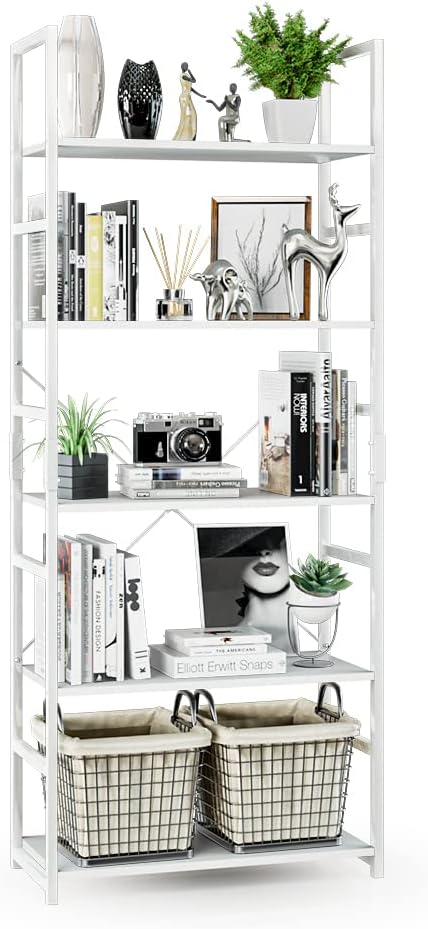 NUMENN 5 Tier Bookshelf, Tall Bookcase Shelf Storage Organizer, Modern Book Shelf for Bedroom, Living Room and Home Office, White