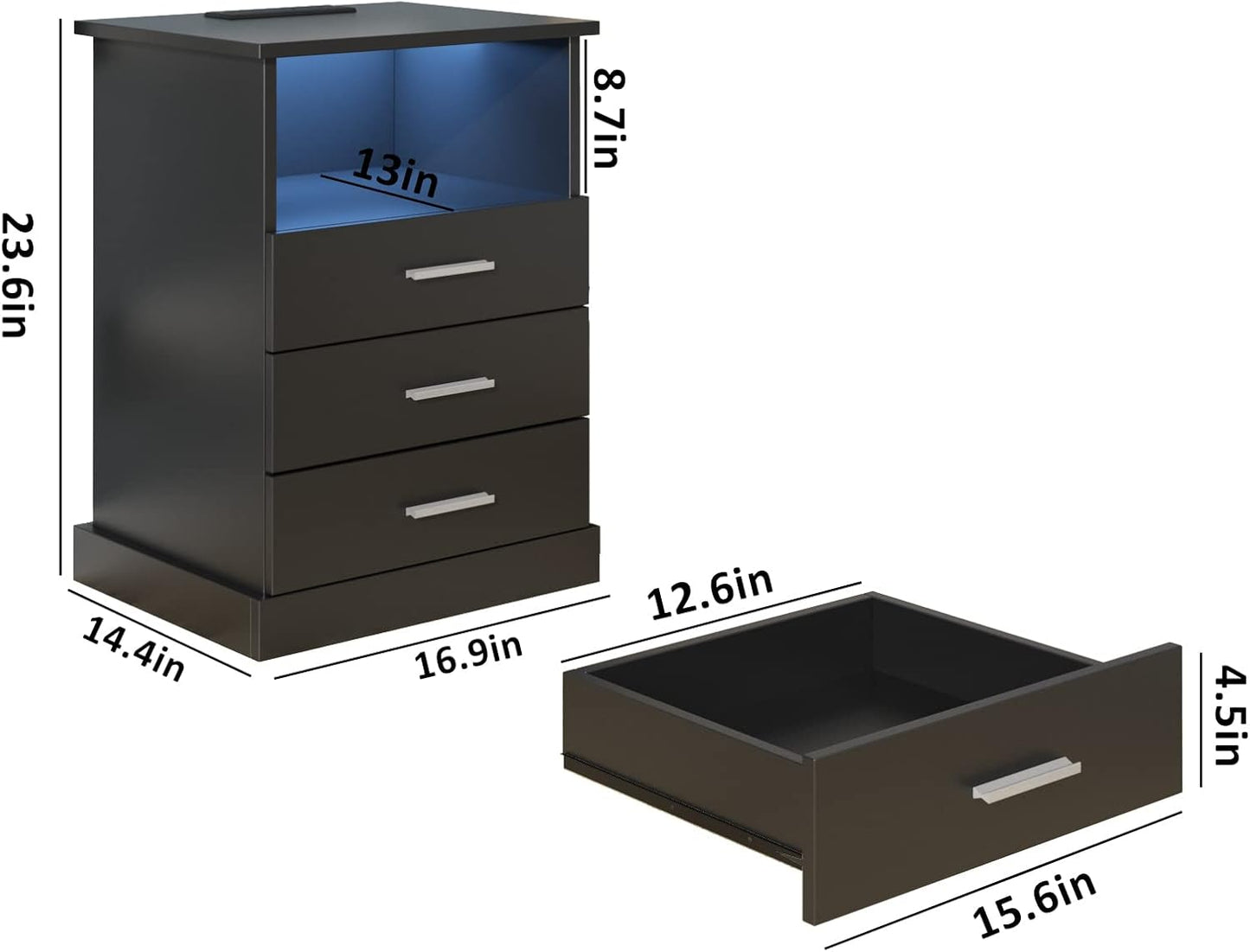 Black LED Nightstand with Charging Station, Side Table with 3 Drawers and Light, End Table with Open Storage, Beside Cabinet for Bedroom (Black 2 Set)