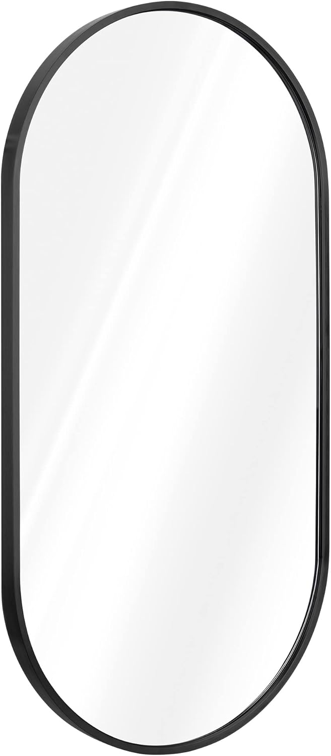 Navaris Oval Wall Mirror - 29.5" x 15" - Wall Mounted Hanging Mirror with Black Rustproof Aluminum Frame - Mirror for Bathroom Restroom Hallway