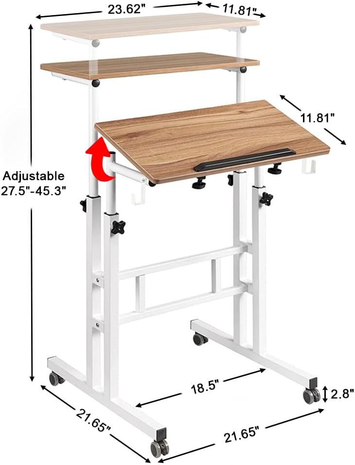SIDUCAL Small Standing Desk, Portable Stand Up Desk, Height Adjustable Mobile Standing Table Converter with Wheels Computer Workstations, Rolling Laptop Cart for Stand or Sit, Vintage Oak