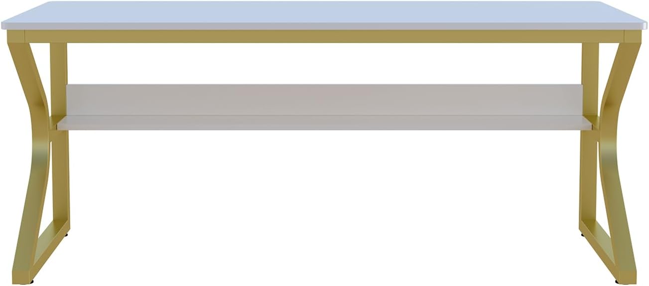 Extra Long Desk with Bookshelf - 63" Double Long Writing Table for 2-Person Workstation, Modern Study Work Computer Desk for Home and Office, Gold