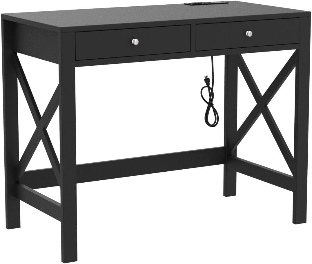 ChooChoo Computer Desk with USB Charging Ports and Power Outlets, 39" Black Desk with Drawers, Small Study Writing Table with Stable X Frame for Home Office
