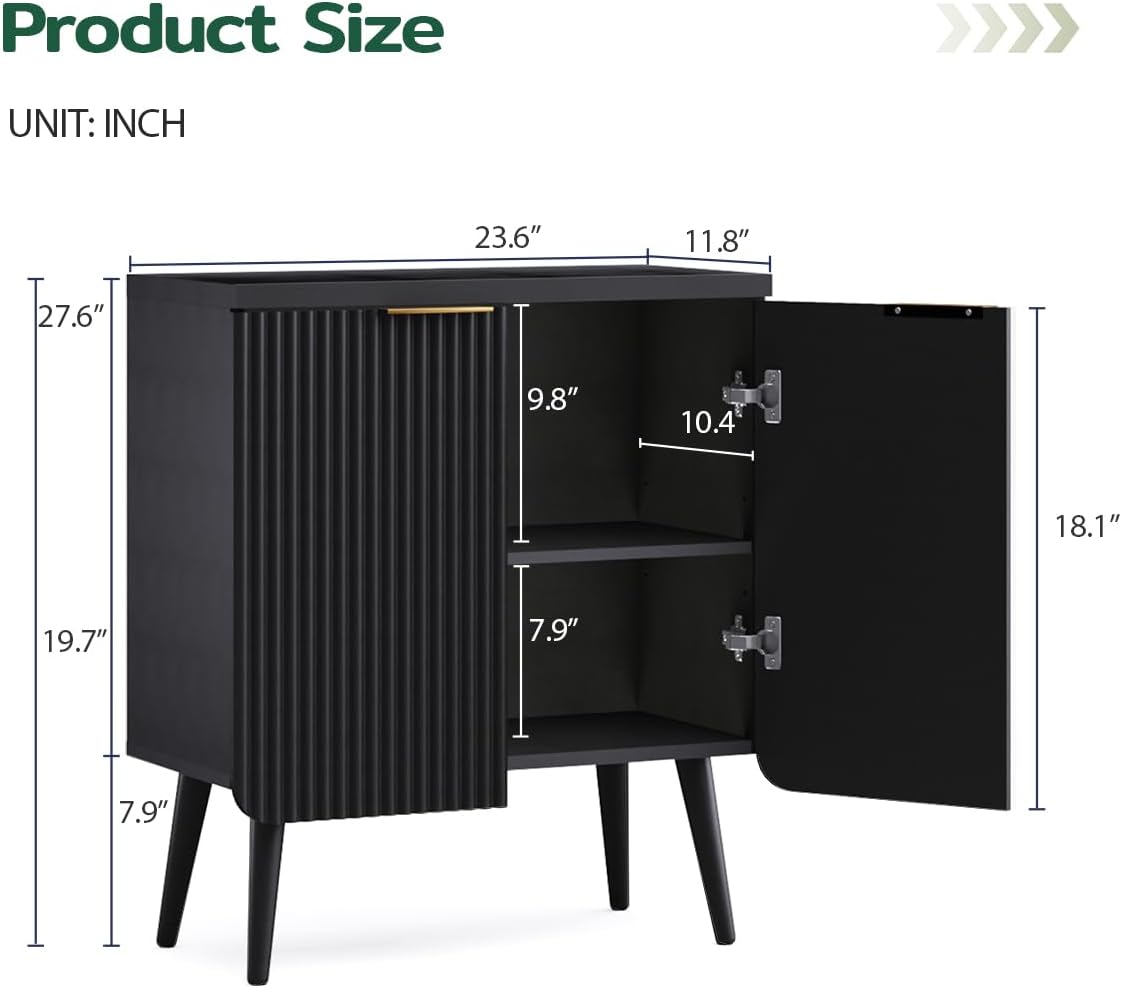 23.6" Sideboard Cabinet with 2 Doors, Modern Buffet Cabinet with Adjustable Shelf, Dining Room Sideboard, Fluted Buffet Sideboard for Living Room, Hallway, Entryway, Black