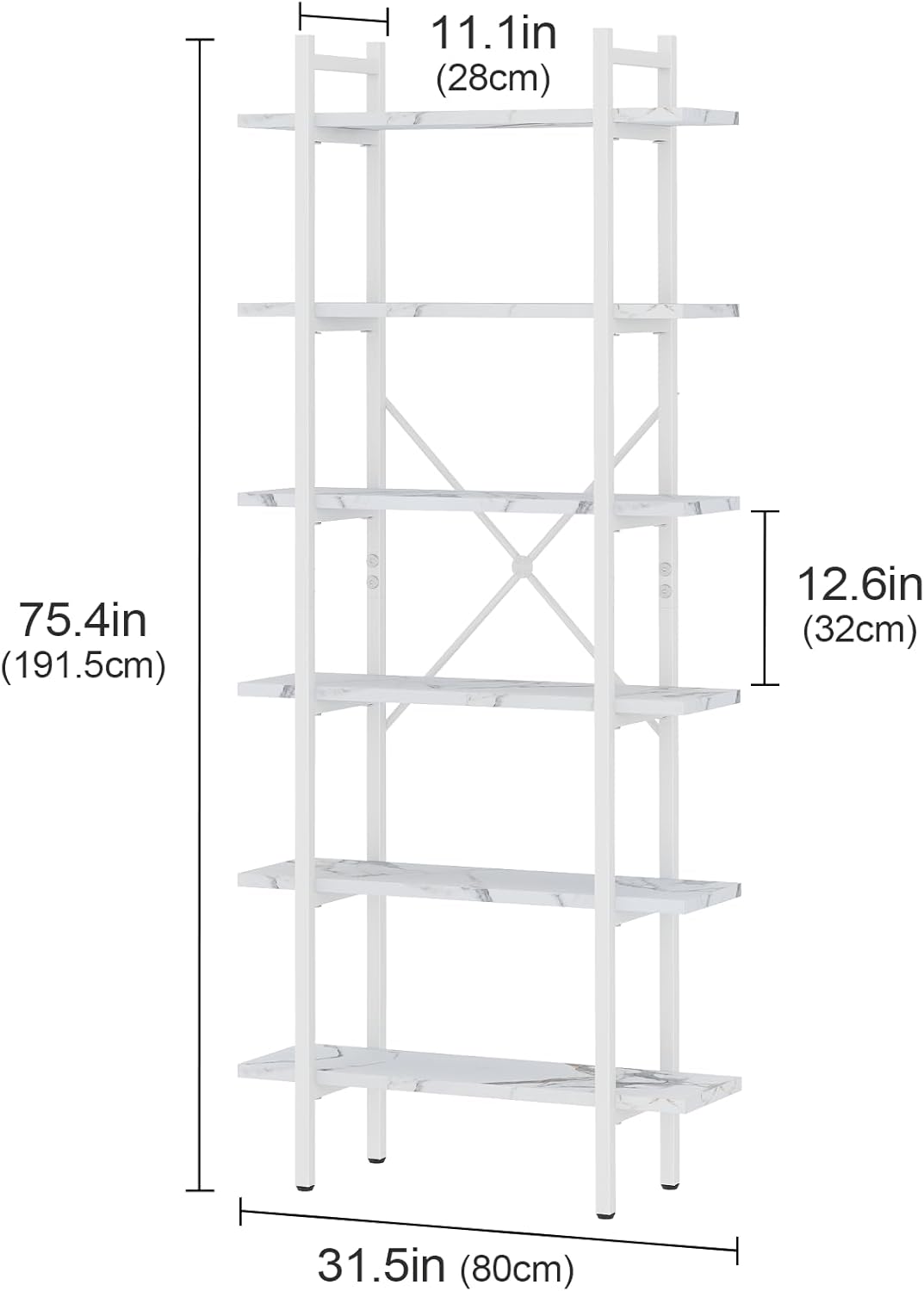 Bookshelf 6 Tiers White Wooden Storage Shelf,Modern Open Display Storage Bookcase Book Organizer,Metal Bookshelf Standing Storage Shelf Tall Shelving Units for Home Office Study