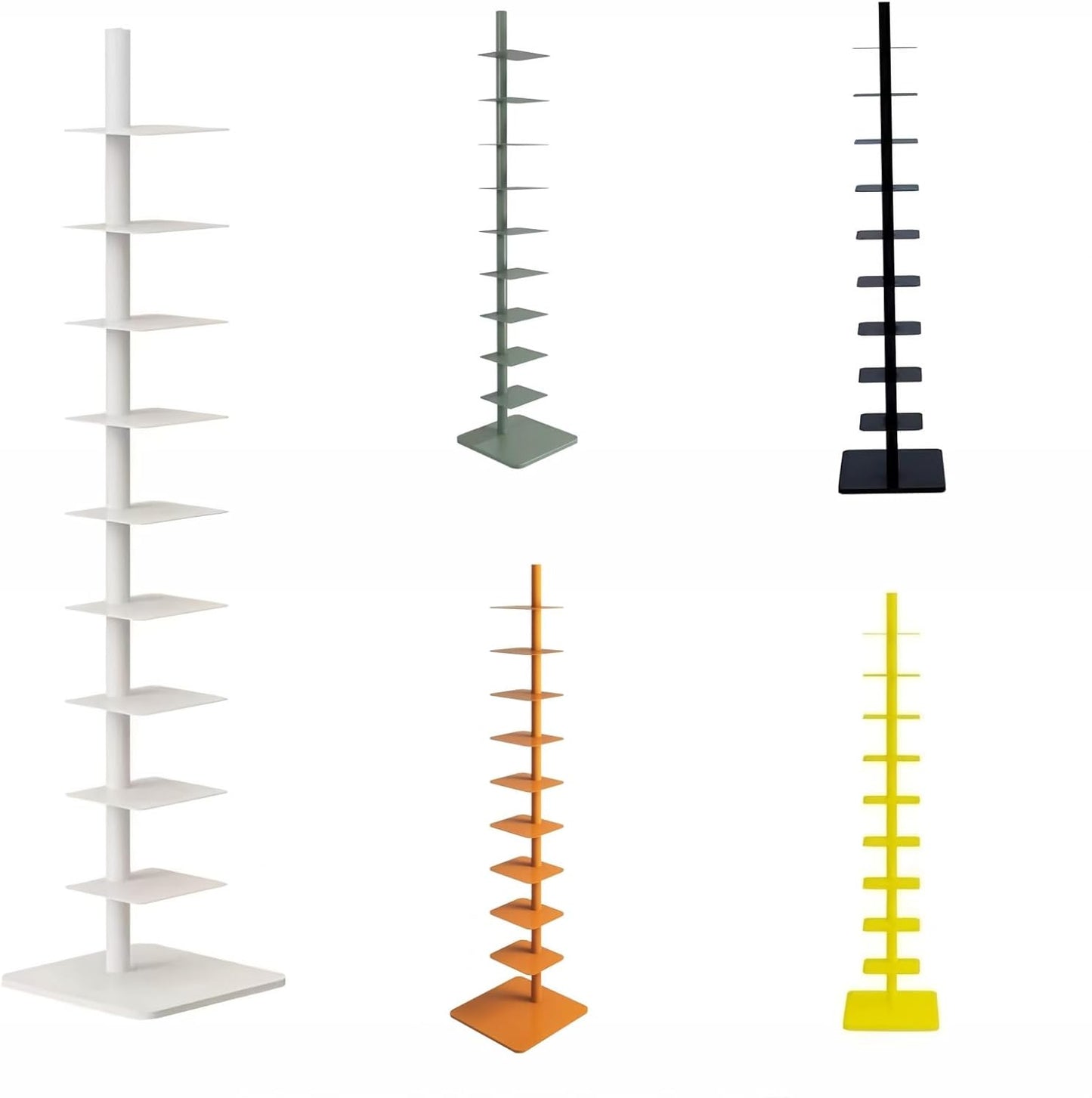 9-Tier Spine Bookshelf Metal Bookcase 5 Colors Vertical Bookshelf Tower Rotating Tall Narrow Bookshelf Ladder Book Rack Indoor (White)