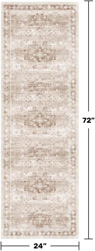 Boho Long Bathroom Runner Rug 24 x 72 Washable Non Slip - Soft Stain Reistant Rugs for Kitchen, Laundry Room, Hallway Runner - Neutral Floral Design Décor (2x6 Beige/Latte)