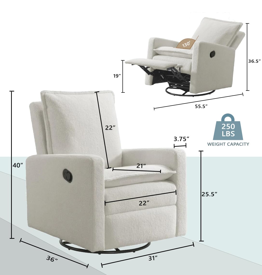 Oxford Baby Uptown Upholstered Swivel Glider and Recliner Nursery Chair, Boucle White
