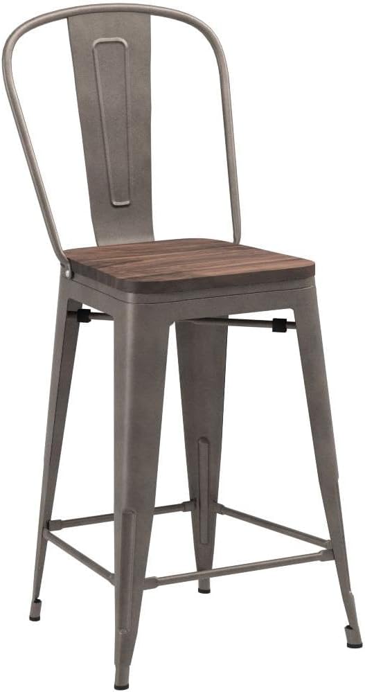 Yongqiang 26 inch Bar Stools Set of 4 Kitchen Counter Height Bar Chairs High Back Metal Barstools with Large Wooden Seat Industrial Rusty