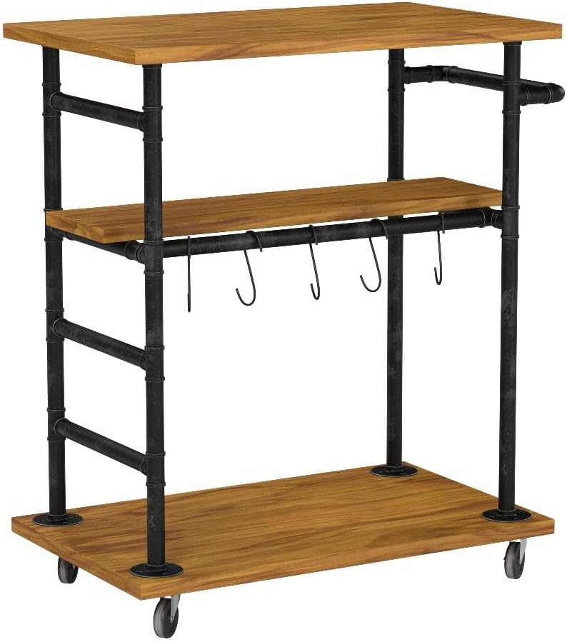 Industrial Portable Kitchen Island on Wheels,Bar Carts for the Home Wine Bar Beverage Coffee Cart,Metal Rolling kitchen carts and islands,Wood and Pipe 3-Tier Butcher Block Island Food Serving Cart