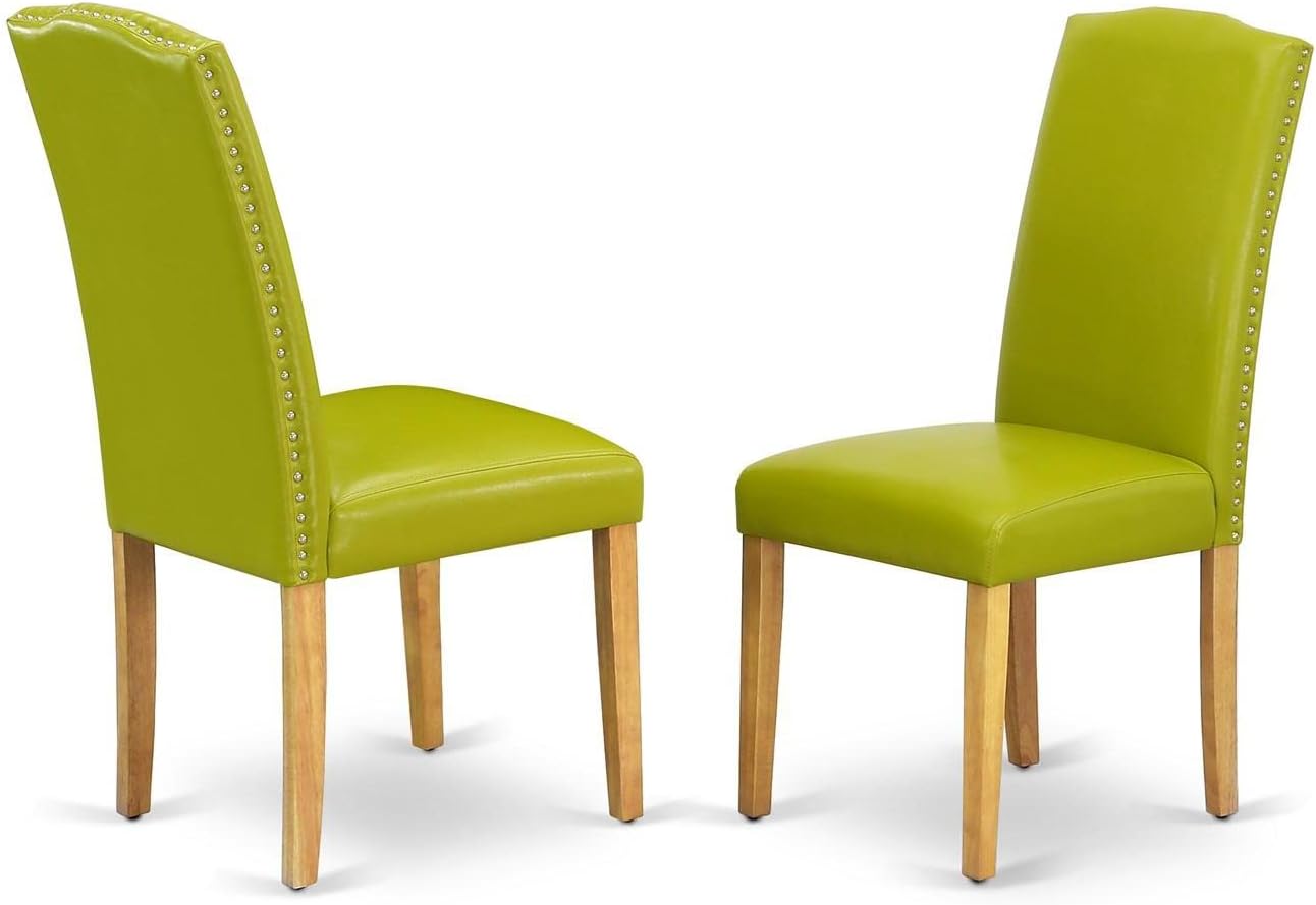 East West Furniture DLEN3-OAK-51 3 Piece Dinette Set for Small Spaces Contains a Round Dining Table with Dropleaf and 2 Autumn Green Faux Leather Upholstered Chairs, 42x42 Inch, Oak