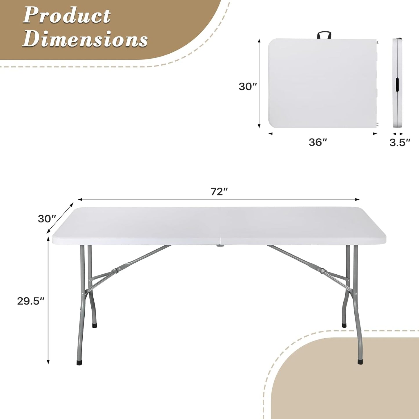 Athena Collection 6 ft Square Folding Dining Table, Large Plastic Foldable Table Portable with Carry Handle, Heavy Duty Fold-in-Half Utility for Indoor Outdoor Party Camping Picnic, White
