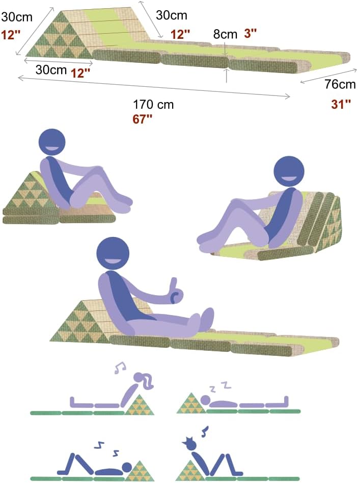 Leewadee 3-Fold Mat XXL with Triangle Cushion – Firm TV Pillow, Foldable Mattress with Cushion Made of Kapok, 67 x 31 inches, Blue Red