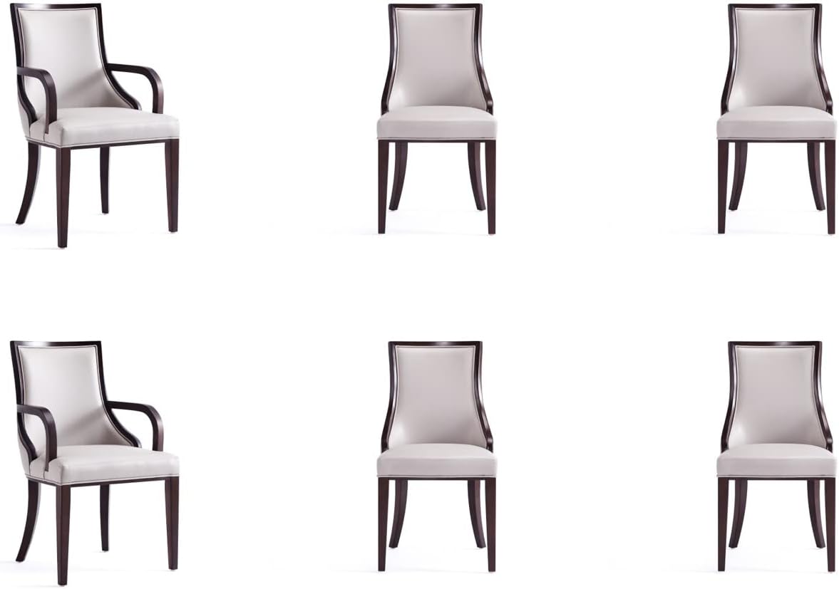 Manhattan Comfort Grand Faux Leather Dining Chairs, Traditional Design with Rectangular Channeling, Solid Beech Wood Frame, Walnut Finish, 300 lb Capacity, Fully Assembled, Set of 6, Light Grey