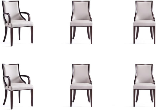 Manhattan Comfort Grand Faux Leather Dining Chairs, Traditional Design with Rectangular Channeling, Solid Beech Wood Frame, Walnut Finish, 300 lb Capacity, Fully Assembled, Set of 6, Light Grey