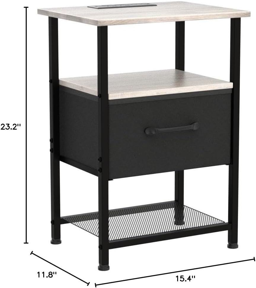 Nightstands Set of 2 with Charging Station and Drawer, End Table Bedside Table with 20 Colors LED Light Strip and 2 Layers Shelf for Bedroom Living Room Sofa (Grey)