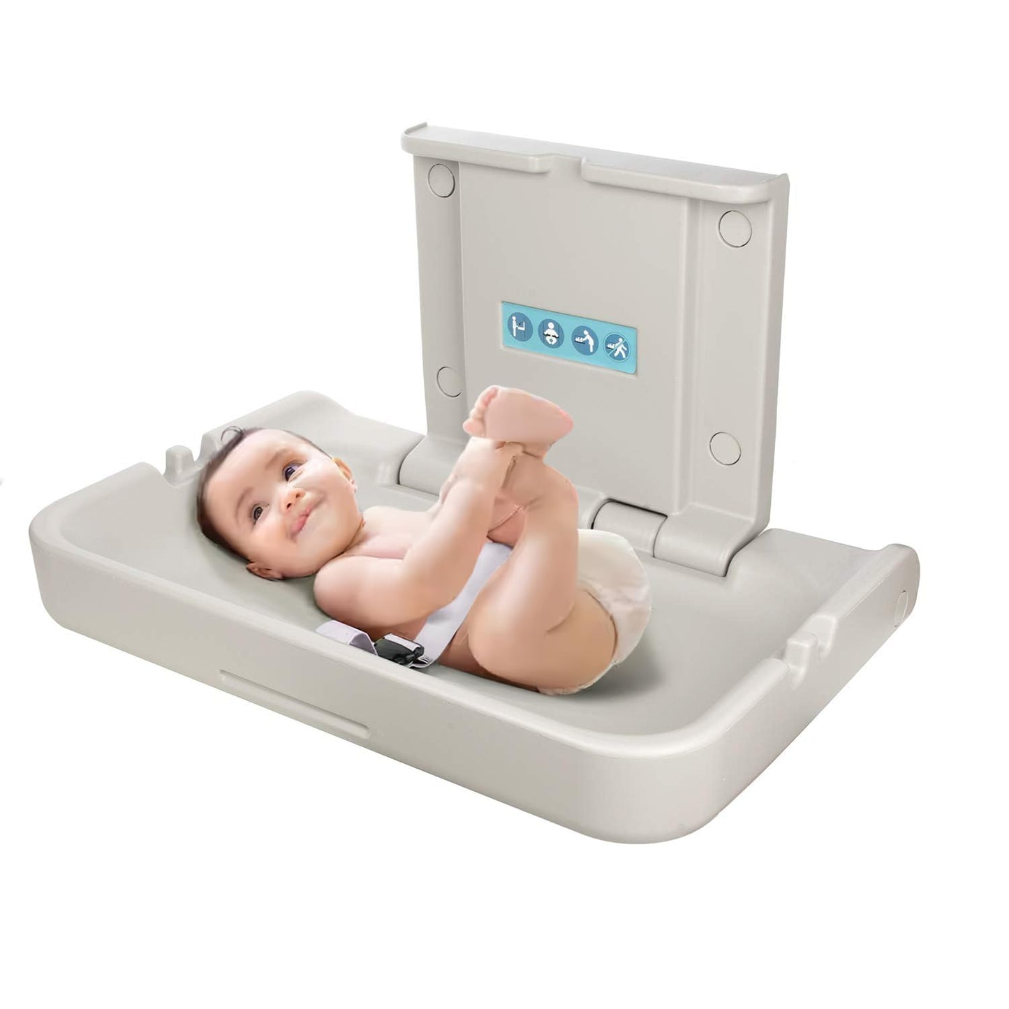 Fold Down Baby Changing Station Wall Mount Horizontal Baby Change Table with Safety Straps for Commercial Restrooms (2 White Granite)