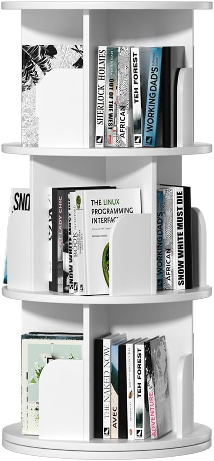 Nidouillet Rotating Bookshelf, Revolving Bookcase 360 Display Round Bookshelf Narrow Swivel Corner Book Shelf Standing Bookcase for Adult Bedroom, Living Room (White, 3 Tier)