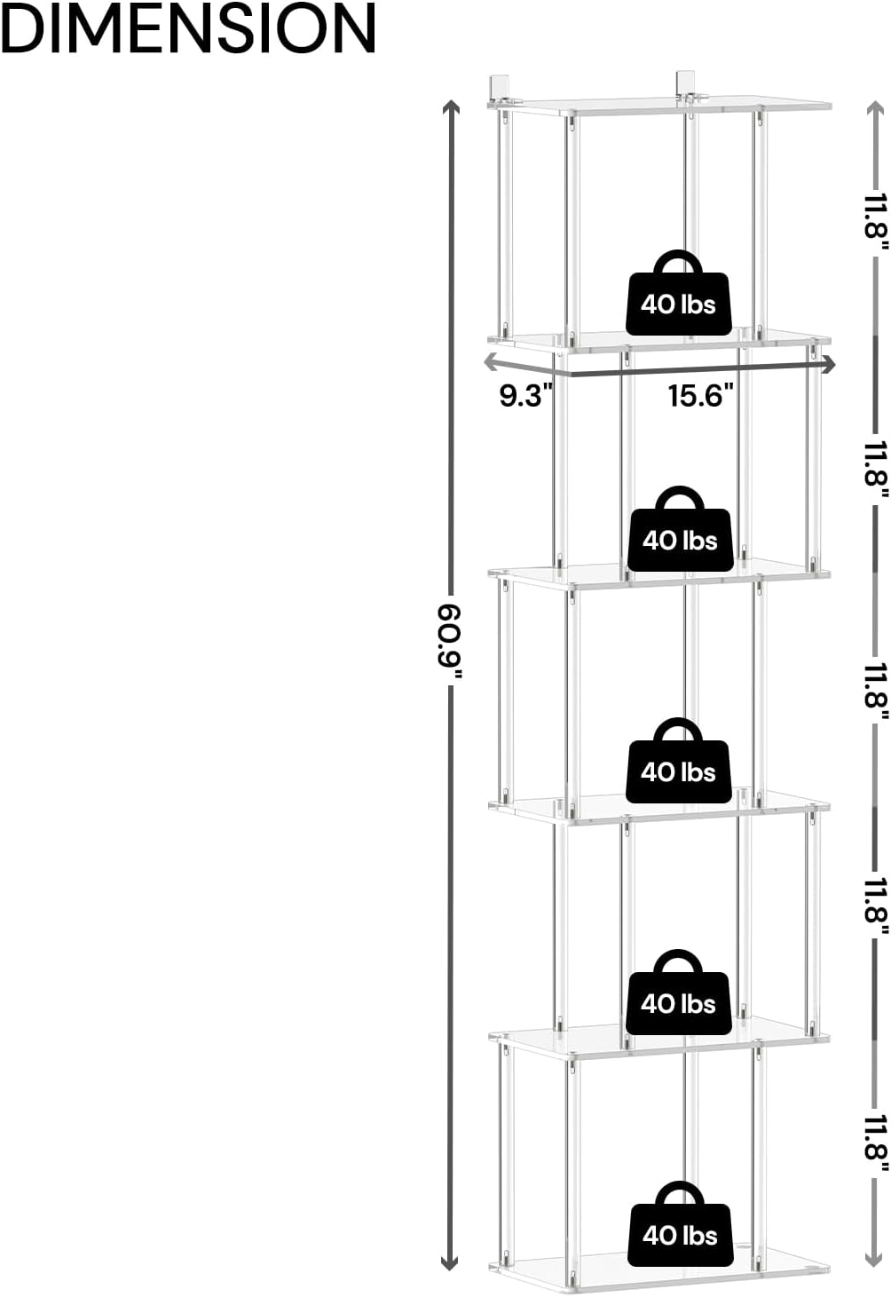 Acrylic Geometric Bookshelf for Small Spaces, 6-Tier Tall Clear S Shaped Bookcase, Modern Open Book Shelf for Living Room, Bedroom, Office, 9.3" D x 15.6" W x 61" H, Easy Assembly