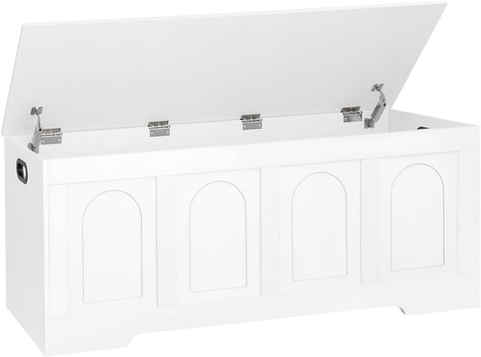 DINZI LVJ Storage Chest, 47.2”Wooden Storage Box with 2 Safety Hinges, Entryway Shoe Bench with Flip-Top, Large Trunk for Living Room, Bedroom, Easy Assembly, White