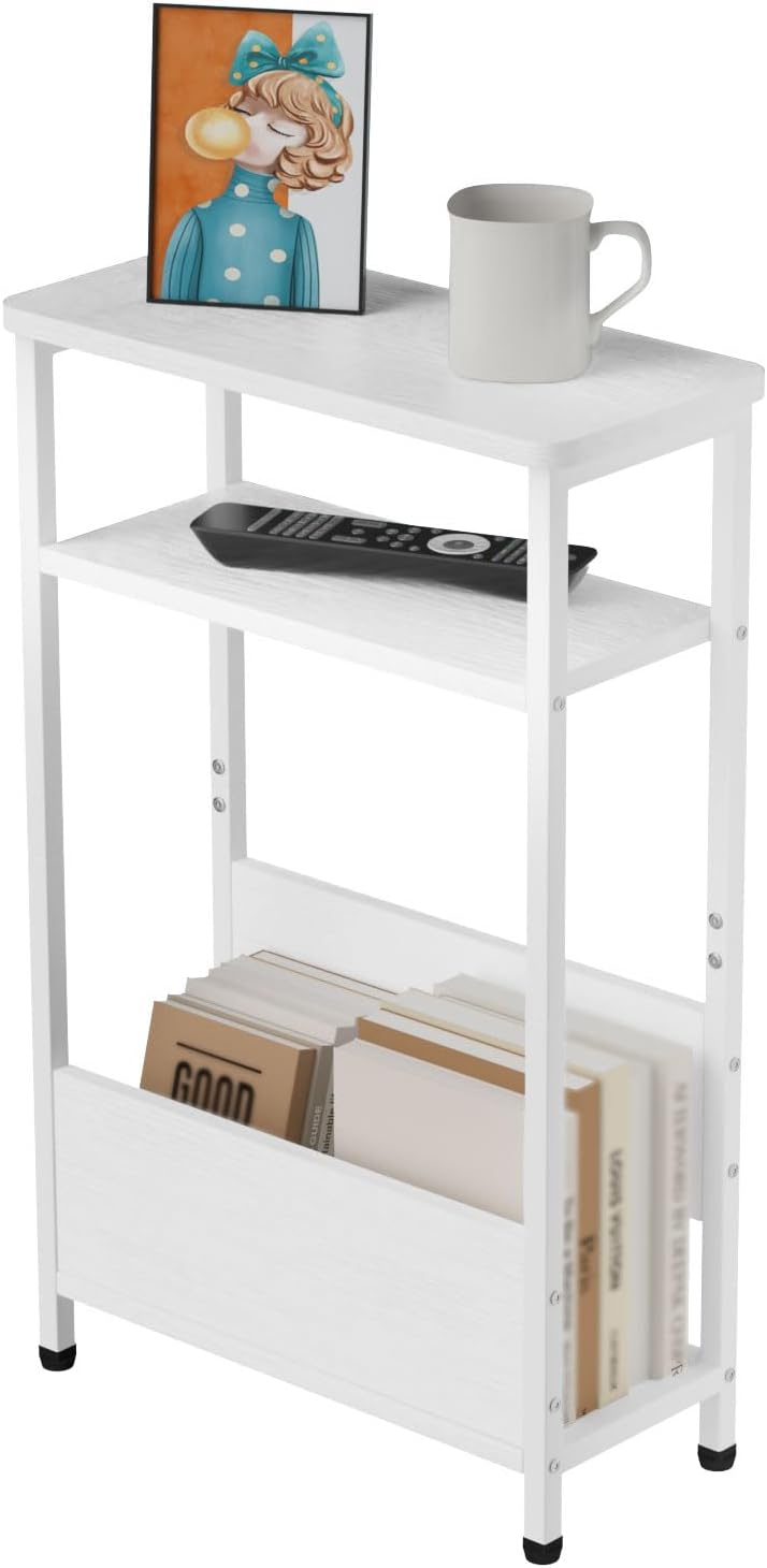 7.1" Narrow Side Table for Small Spaces, 3 Tier Small End Table with Magazine Holder, Slim/Skinny Nightstand/Bedside Table for Living Room, Bedroom, 15.4" L x 24.2" H, White