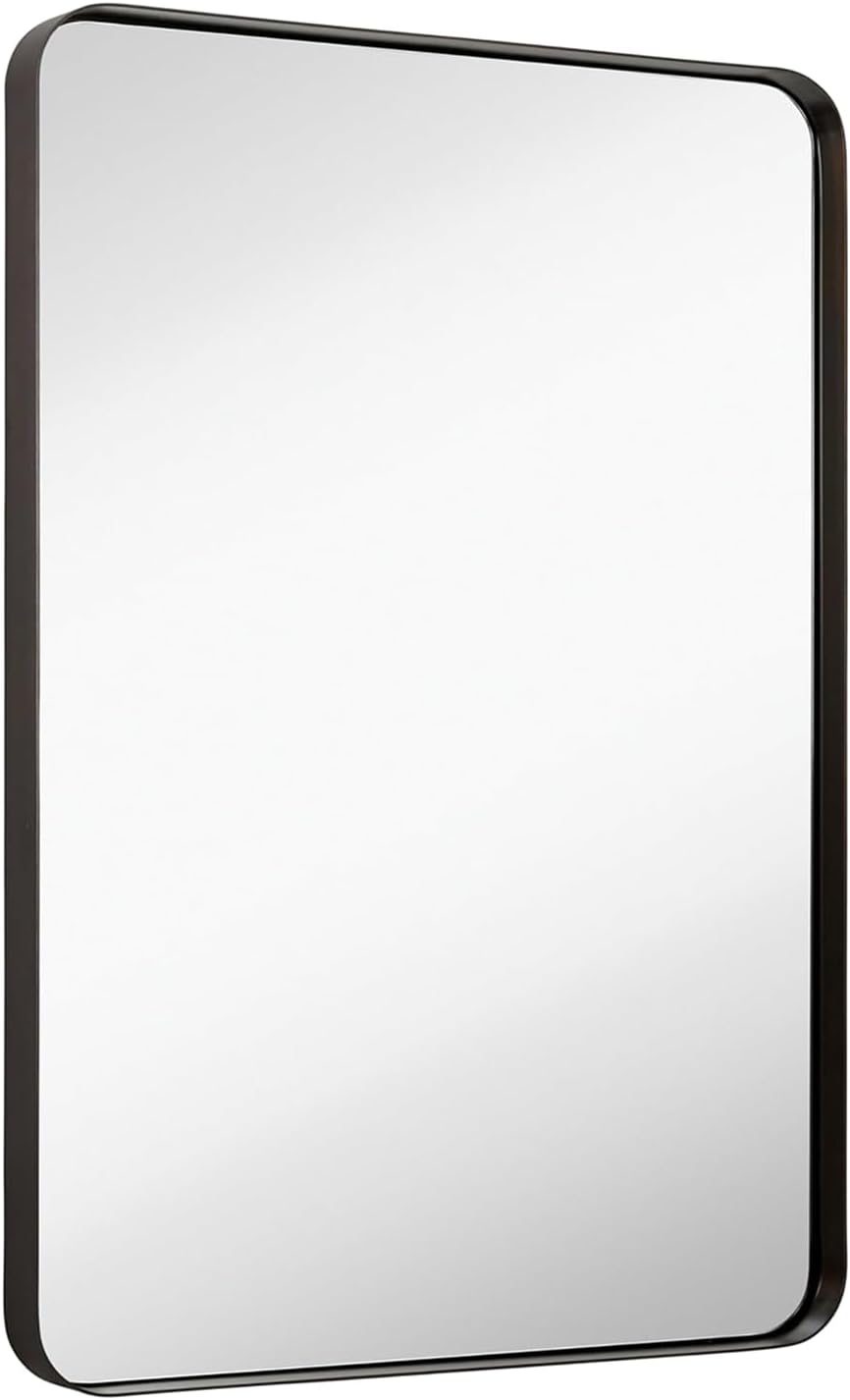 Hamilton Hills 24x36 Inch Metal Black Frame Mirror for Bathroom - Brushed Rectangular Rounded Corner Vanity - 2" Deep Set Design Large Wall Mirrors Decorative - Hangs Horizontal and Vertical