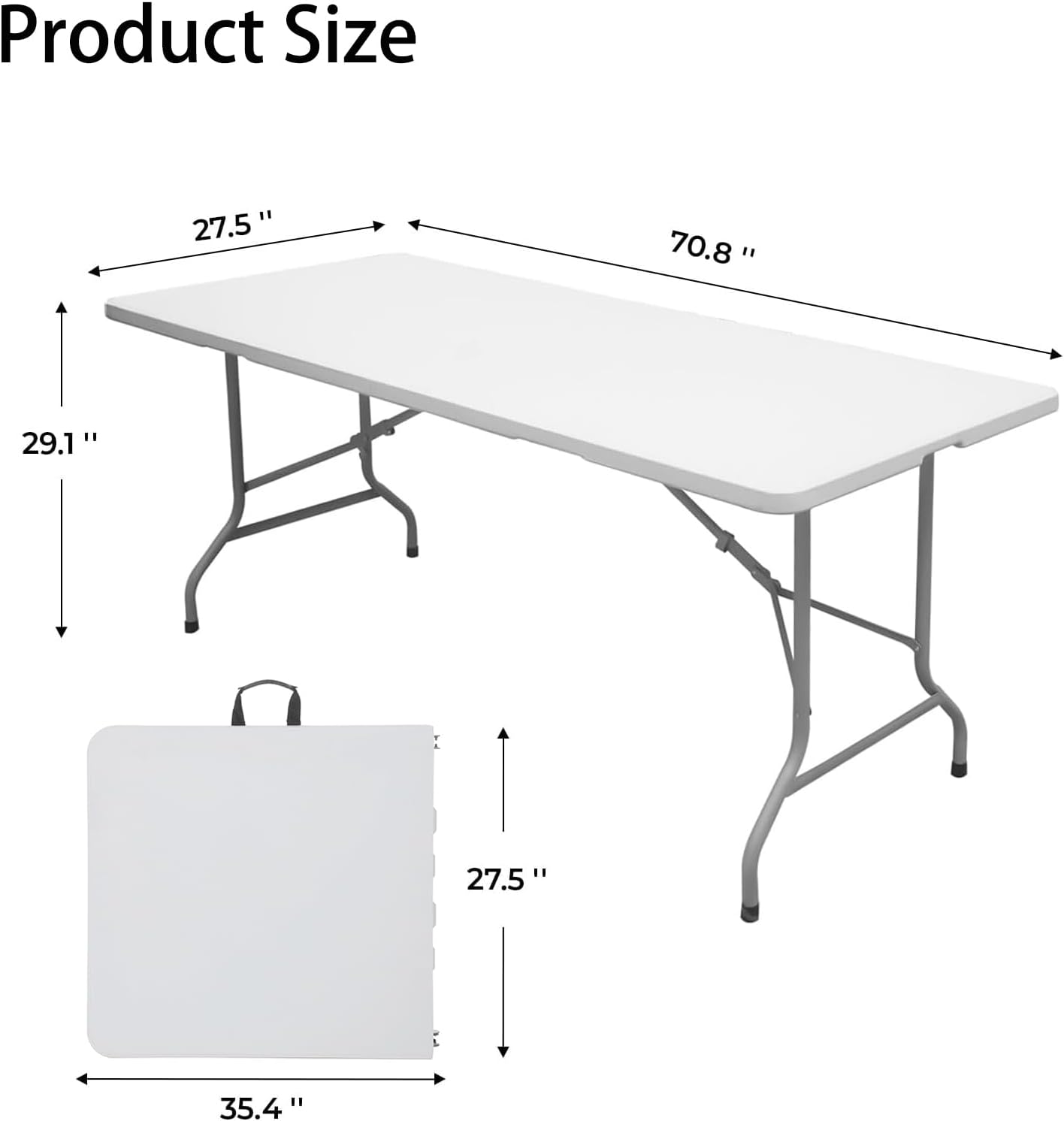 Folding Table 6ft Plastic Folding Table Indoor & Outdoor for Picnic, Camping,BBQ and Party, with Powder Coated Steel Legs and Built in Carry Handle, White