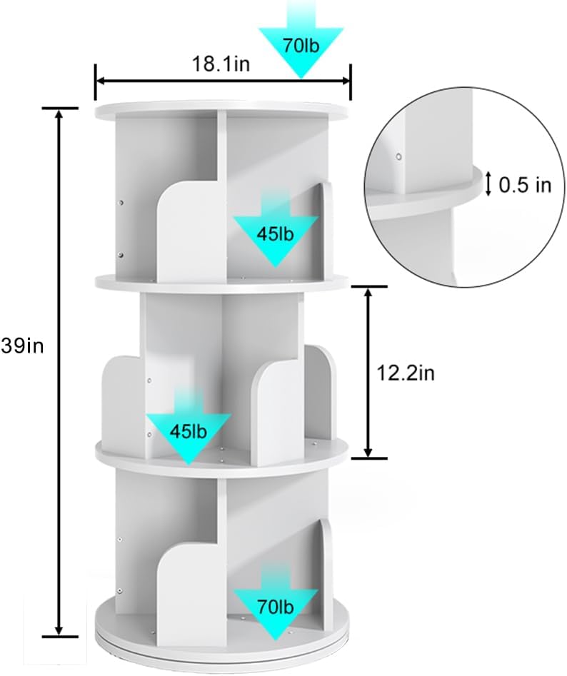 Nidouillet Rotating Bookshelf, Revolving Bookcase 360 Display Round Bookshelf Narrow Swivel Corner Book Shelf Standing Bookcase for Adult Bedroom, Living Room (White, 3 Tier)