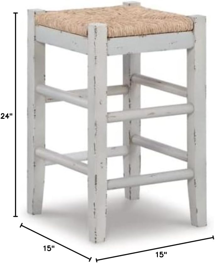 Signature Design by Ashley Mirimyn Farmhouse 23.63" Counter Height Bar Stool with Woven Wicker Seats, 2 Count, White & Light Brown