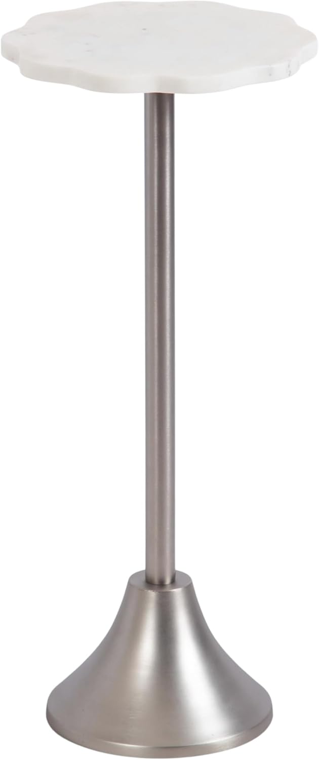 Kate and Laurel Sanzo Modern Pedestal Drink Table, 10 x 10 x 23, White Marble and Silver, Decorative End Table with Scalloped Marble Tabletop for Use as Small Plant Stand or Cute Martini Table