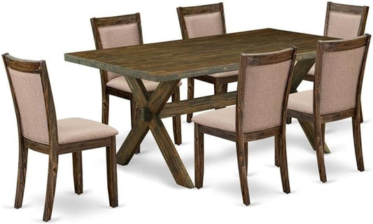 East West Furniture X777MZ716-7 7 Piece Dining Set Consist of a Rectangle Dining Room Table with X-Legs and 6 Dark Khaki Linen Fabric Upholstered Parson Chairs, 40x72 Inch, Multi-Color