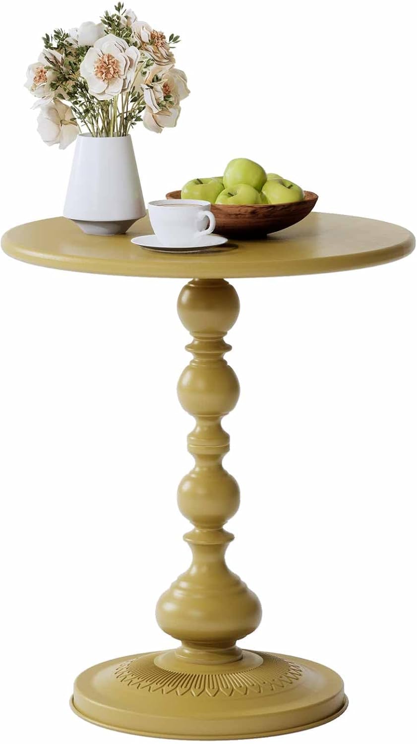 XIV Metal Small Round Side End Table, Vintage Matte Coffee Drink Cocktail Table, Accent Pedestal Table for Living Room Corners and Small Spaces, 21” Height (Gold)