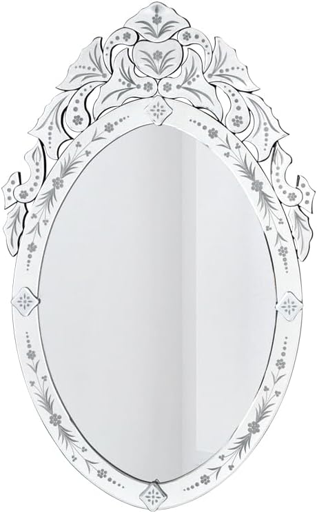 KOHROS Oval Bathroom Mirror 42" x 24" Venetian Mirror with Top Crown Floral Etched Frameless Decorative Wall Mirror for Vanity Bathroom Bedroom Living Room