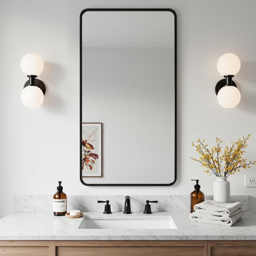 20"x36" Bathroom Wall Mirror with Matte Black Metal Frame & HD Glass, Copper-Free Mirrors Modern Rectangle Round Corner Framed Vanity Mirror - Horizontal or Vertical Installation