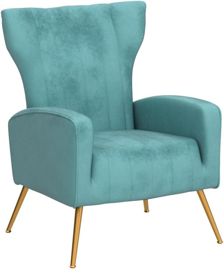 Container Furniture Direct Modern Velvet Accent Chair, Channel Tufted Bedroom, Office or Living Room Furniture with Elegant Metal Legs, 26" Wide Armchair, Teal