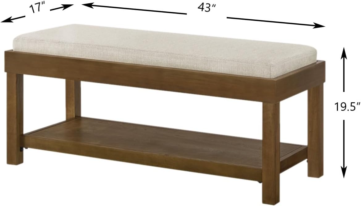 24KF Large Rectangular Storage Bench,Upholstered Seat Cushion,Ottoman Coffee Table with Ivory Removable Cushion for Living Room,Entryway Bench Bed Bench with Solid Wood Shelf,5069-Ivory