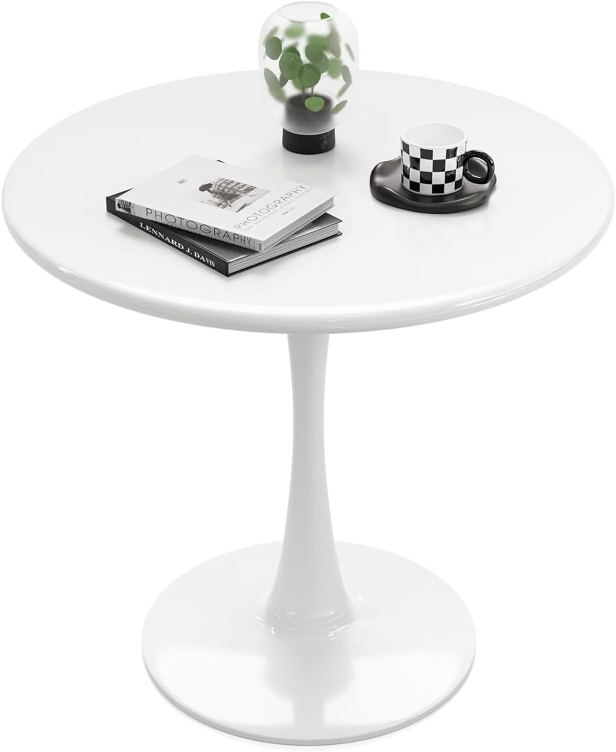 White Round Dining Table for 2 Person, 24 Inch Small Tulip Table with Metal Pedestal for Living Room, Mid Century Modern Kitchen Table for Kitchen, Office, Pub, Bar, Bistro, Circle Cafe Tables