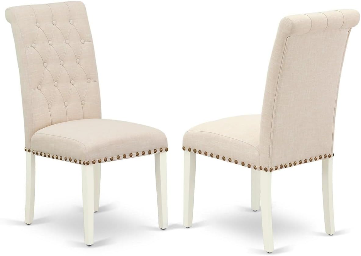 East West Furniture NOBR3-LWH-02 3 Piece Kitchen Table Set Contains a Rectangle Dining Room Table with Butterfly Leaf and 2 Light Beige Linen Fabric Parsons Chairs, 32x54 Inch, Linen White