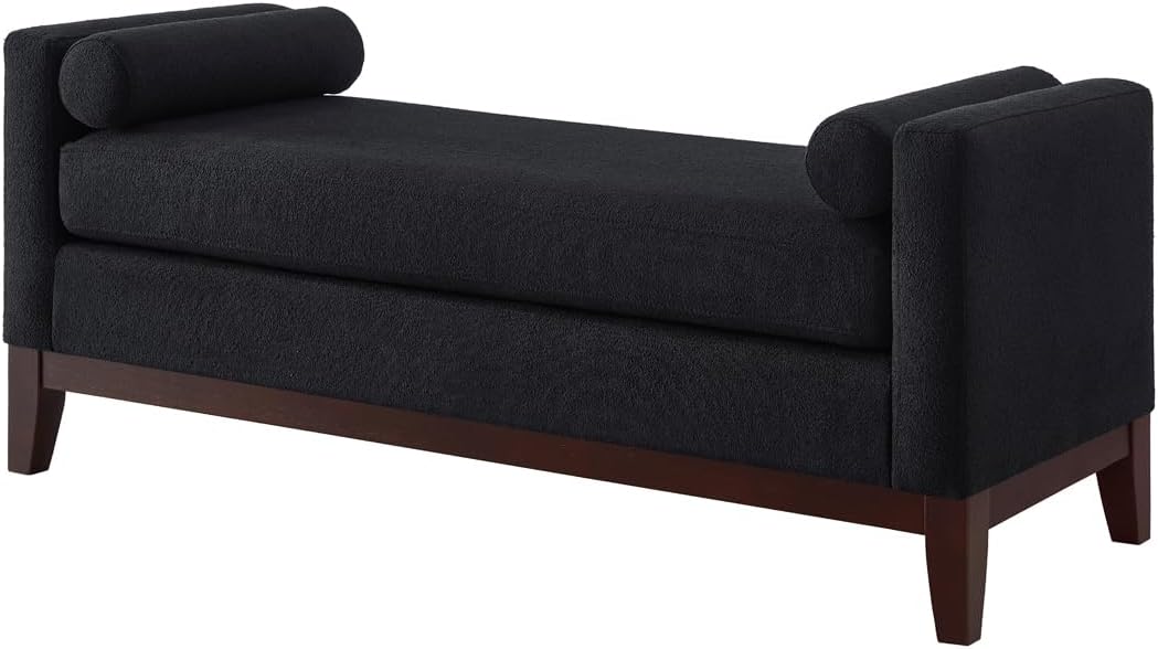 24KF Large Upholstered Boucle Fabric Ottoman with Pillows,Comfort Padded Window Bench for Living Room,Entryway Bench,5095-Black