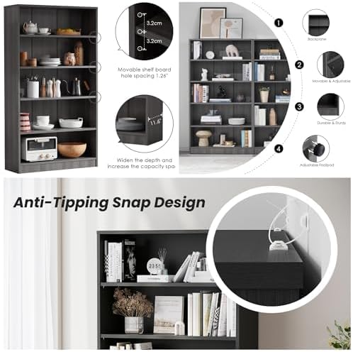 Bookshelf, 5 Wooden Book Shelf Bookcase with Freestanding Display Storage, Open Modern Bookshelf for Bedroom, Living Room, Dinning Room, Office, 60 Inch, Deep Gray
