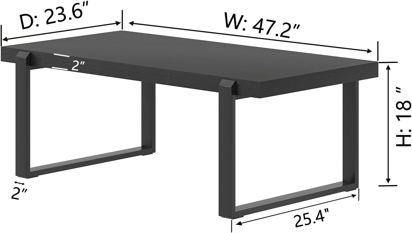FOLUBAN Black Coffee Table, Modern Industrial Wood and Metal Center Table, Rectangle Cocktail Tea Table for Living Room, 47 Inch
