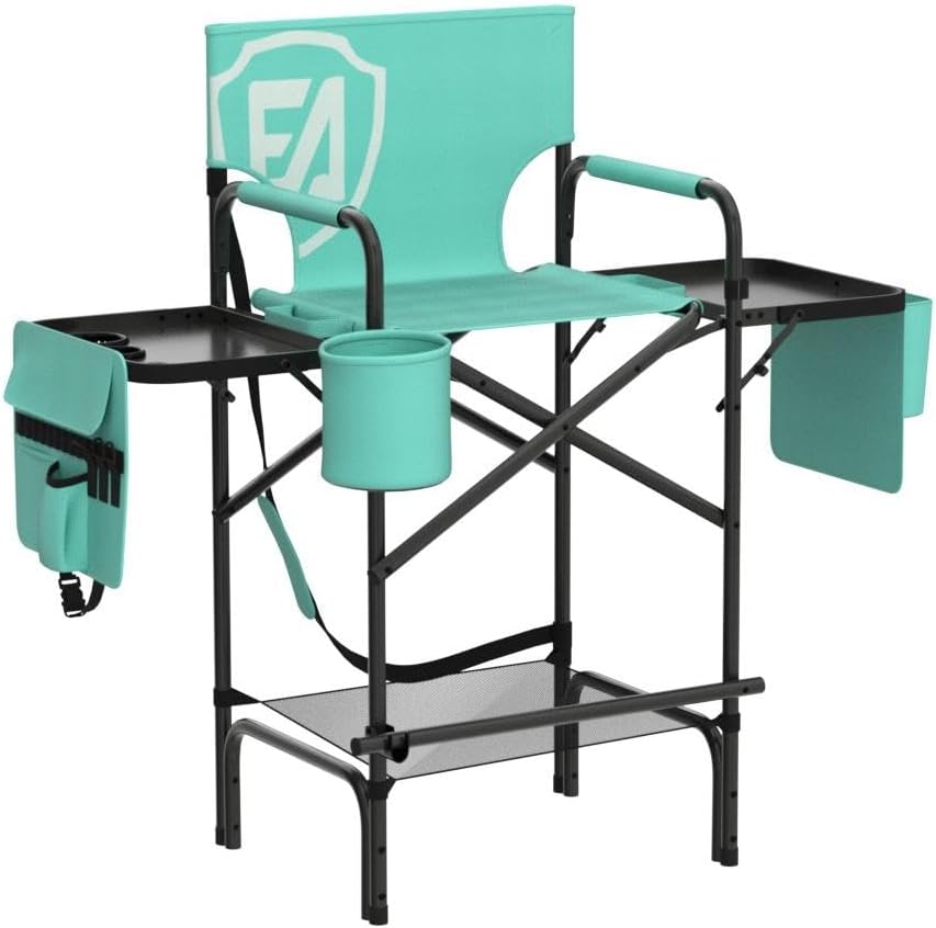 EVER ADVANCED 31" Tall Portable Makeup Artist Chair for Clients Directors Chair with Two Side Tables, Foldable Folding Chair for MUA, Craft Shows, Hair Stylist, Salons, Movie Sets 350LBS Green
