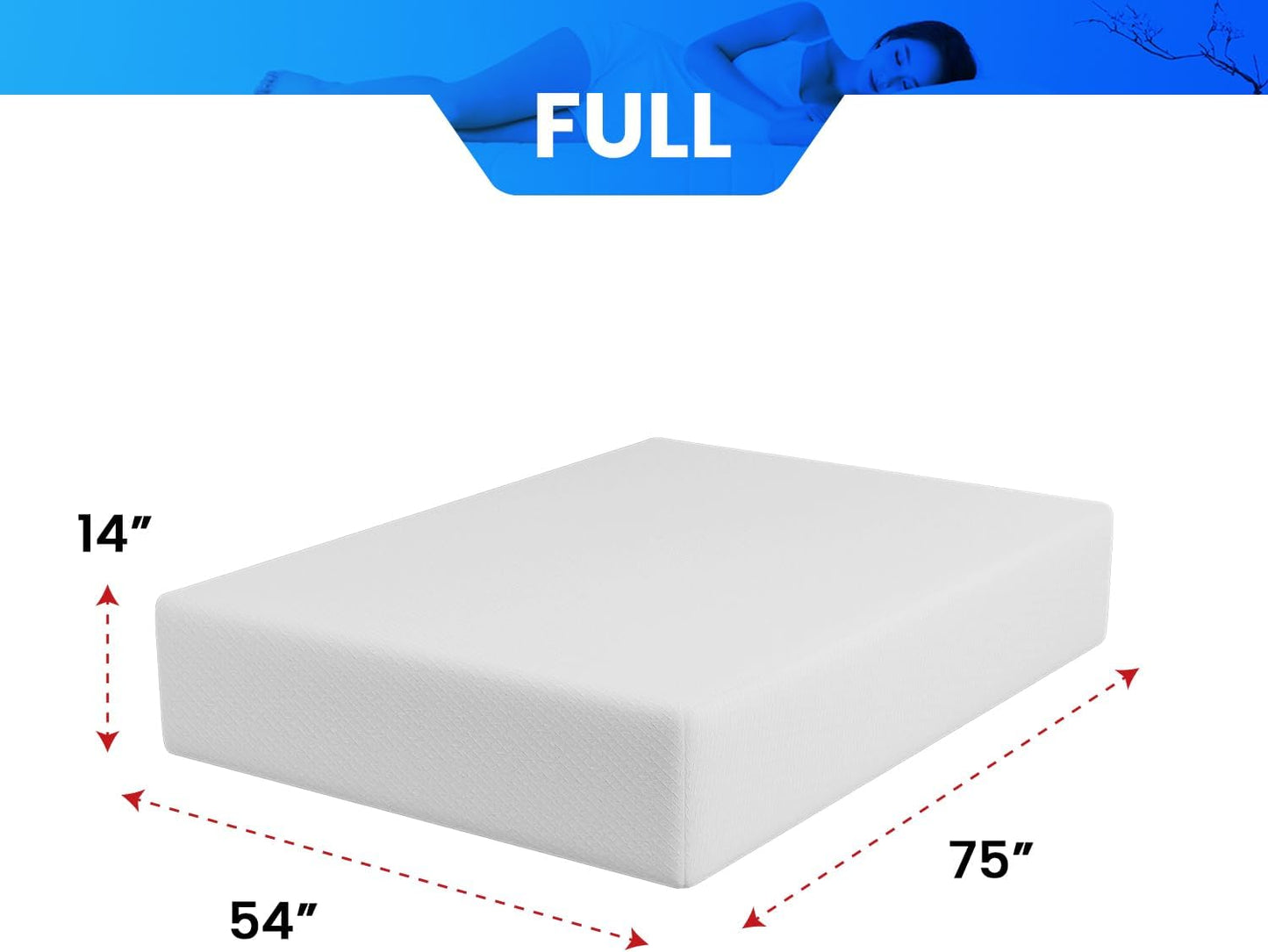 FDW | 14 Inch Full Mattress | Medium Firm | Gel Memory Foam Mattress | White | Bed in a Box, CertiPUR-US Certified | Pressure Relief, Cooling Ventilated Foam | Washable Removable Cover